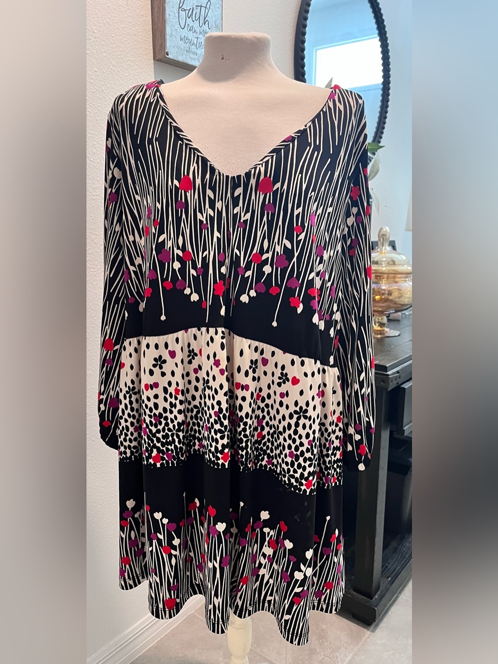 Vintage Venezia Plus Size Color Block Abstract Long Sleeve Print Dress